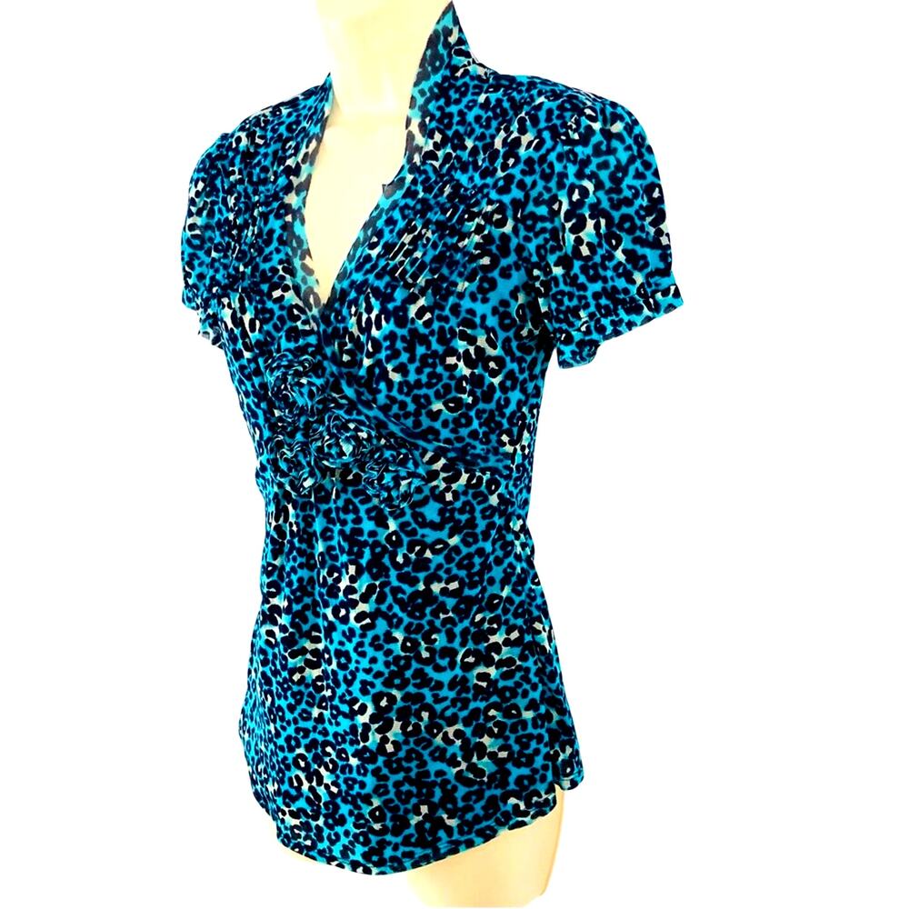 INC Turquoise Blue Leopard Print V Neck Top Feminine Gauzy Ruffled Layers